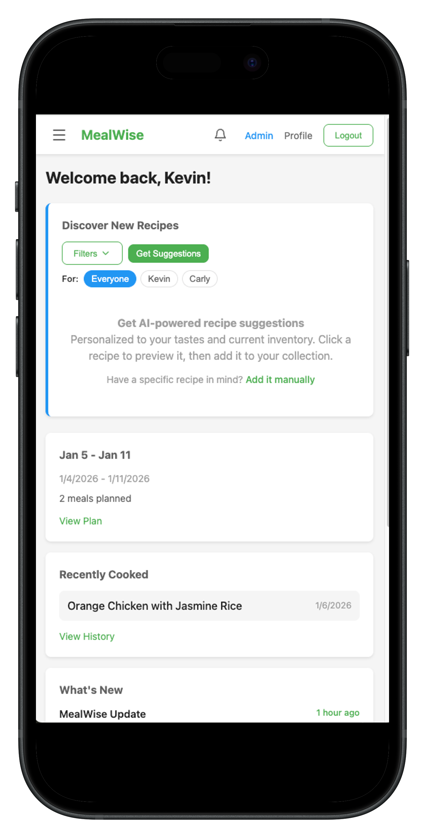 MealWise app on mobile device showing meal planning features