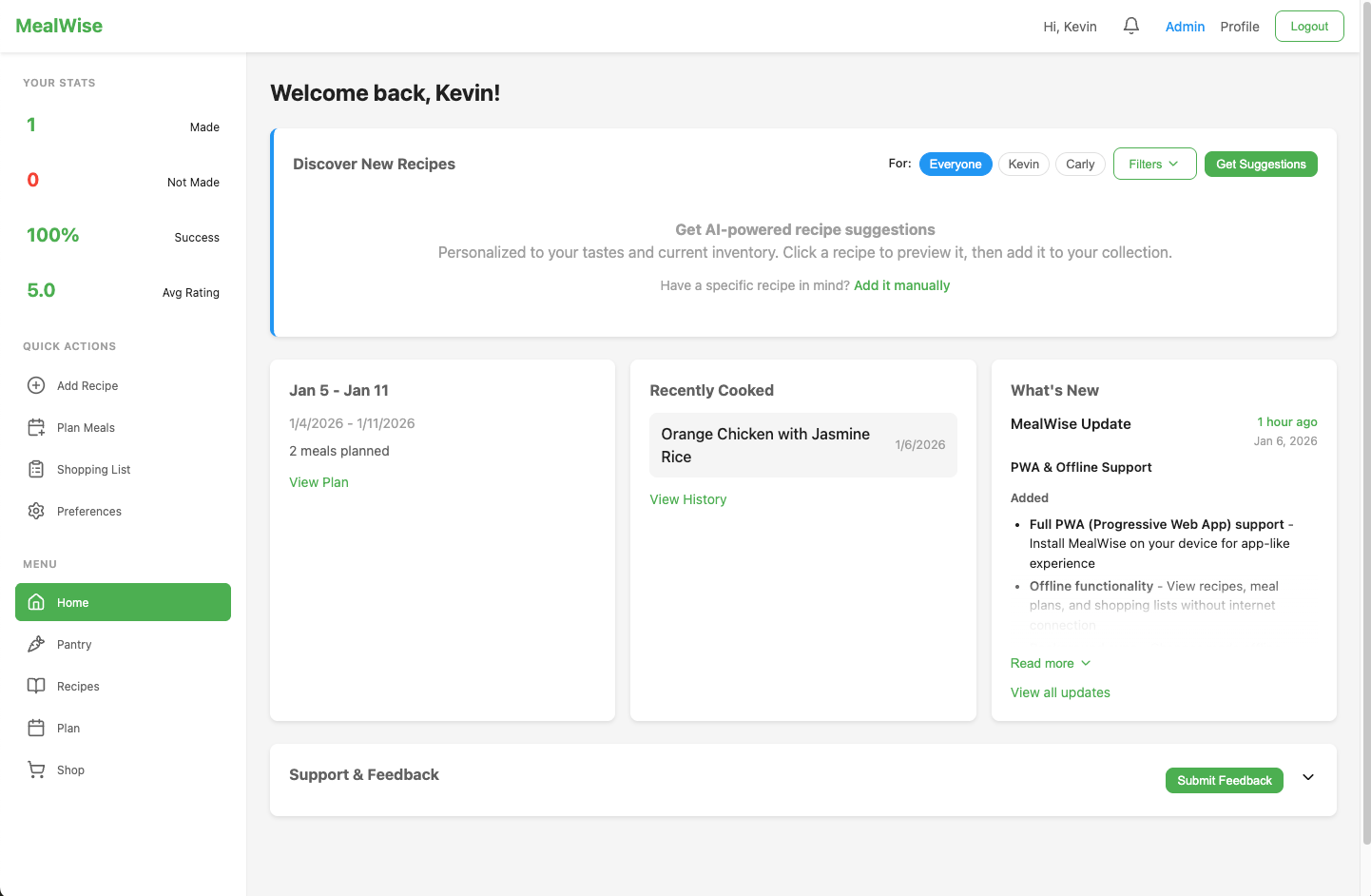 MealWise app dashboard showing meal planning interface
