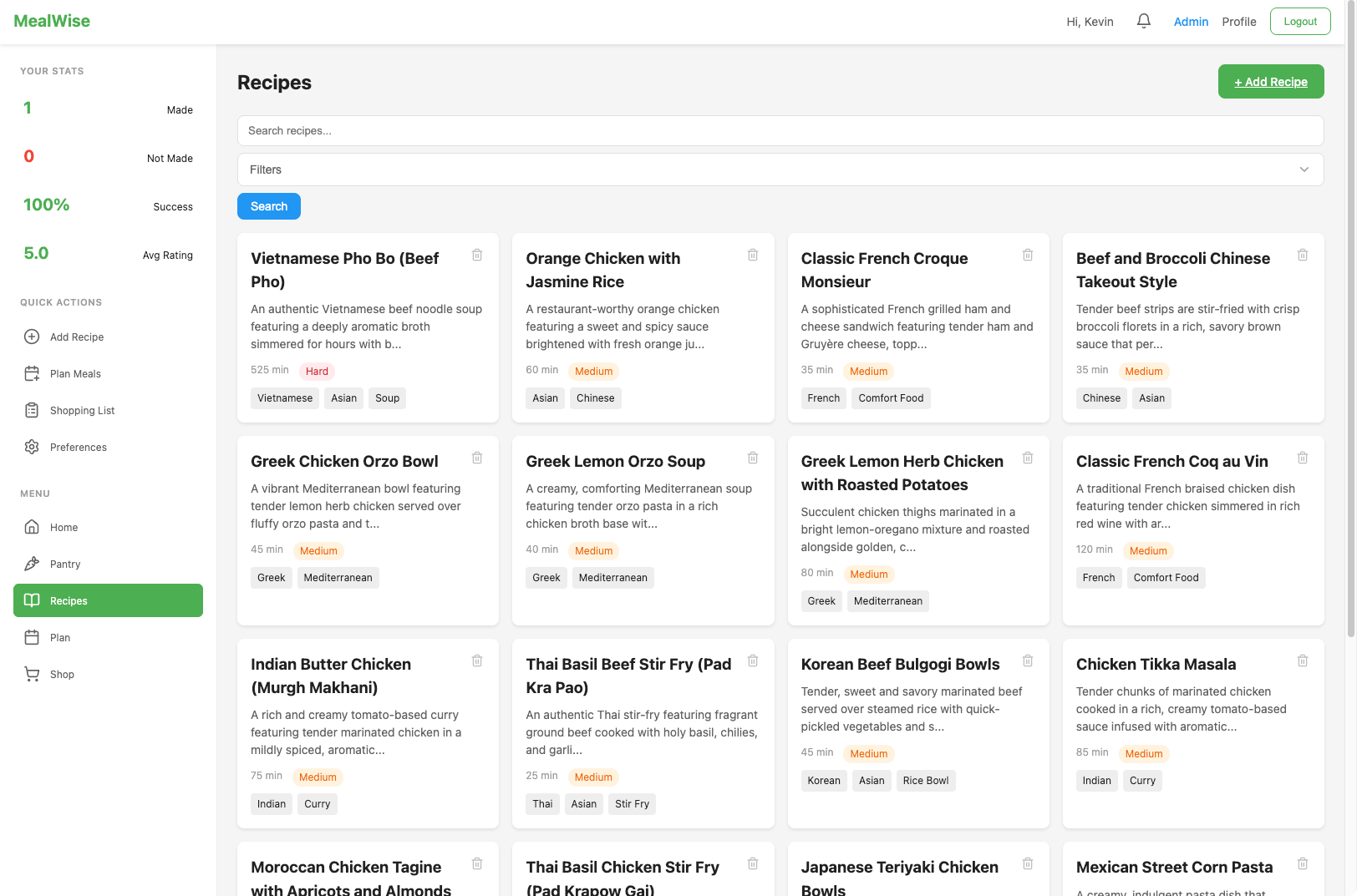 MealWise recipe collection view