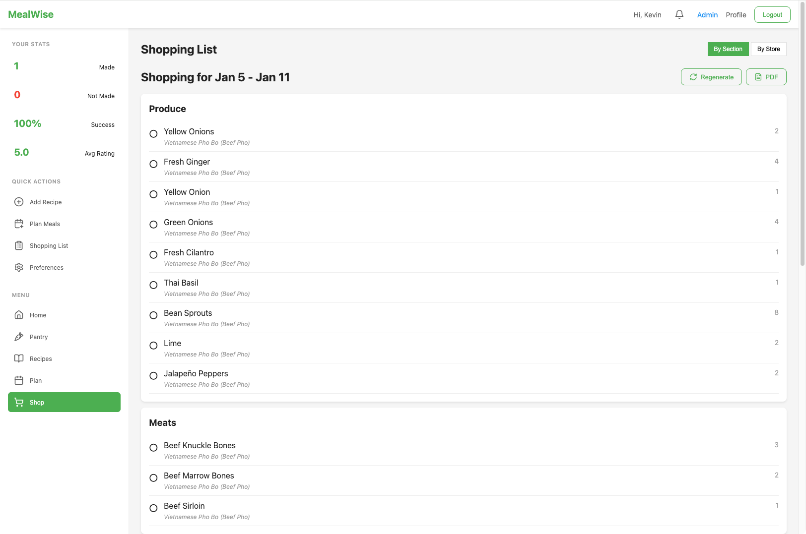 MealWise smart shopping list view