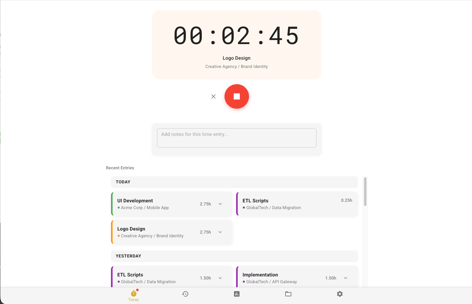 Tracker app interface showing time tracking